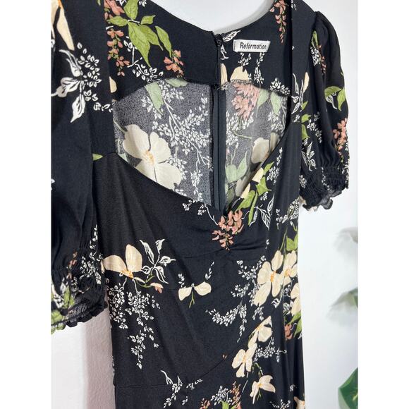 Reformation Luciana Black Floral Midi Dress Side Slit Puff Sleeve Flowy Romantic - Picture 5 of 9
